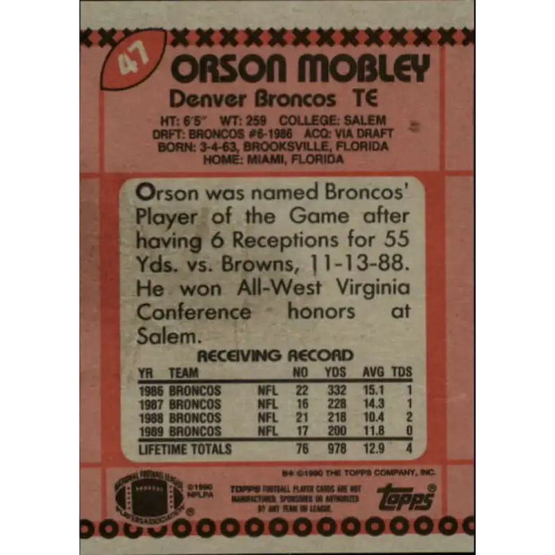 1990 Topps #47 Orson Mobley EX Excellent RC Rookie Denver Broncos Football Card - Football Card Single
