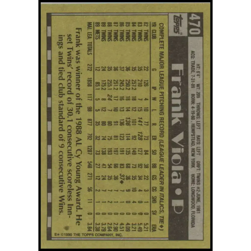 1990 Topps #470 Frank Viola NM-MT New York Mets Baseball Card - Baseball Card Single