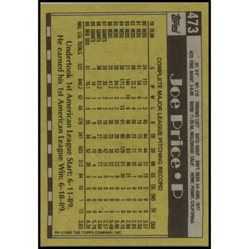 1990 Topps #473 Joe Price NM-MT Boston Red Sox Baseball Card - Baseball Card Single