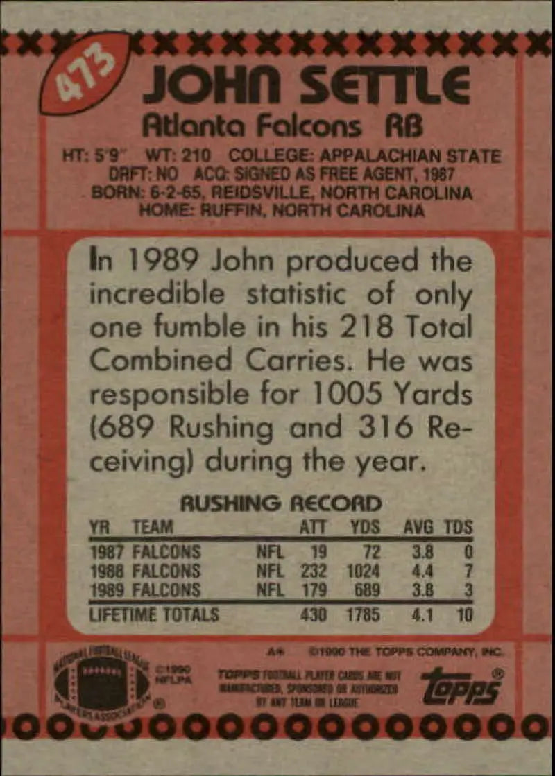 1990 Topps #473 John Settle EX Excellent Atlanta Falcons Football Card - Football Card Single