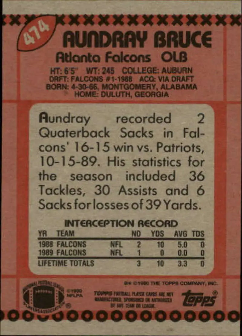 1990 Topps #474 Aundray Bruce EX Excellent Atlanta Falcons Football Card - Football Card Single
