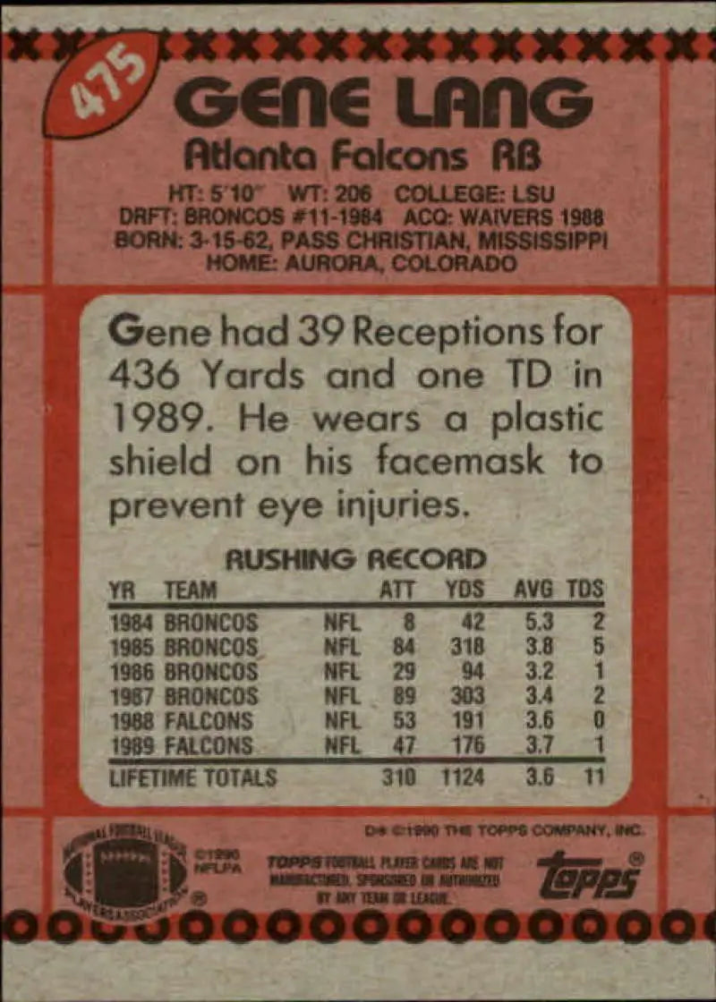 1990 Topps #475 Gene Lang EX Excellent Atlanta Falcons Football Card - Football Card Single