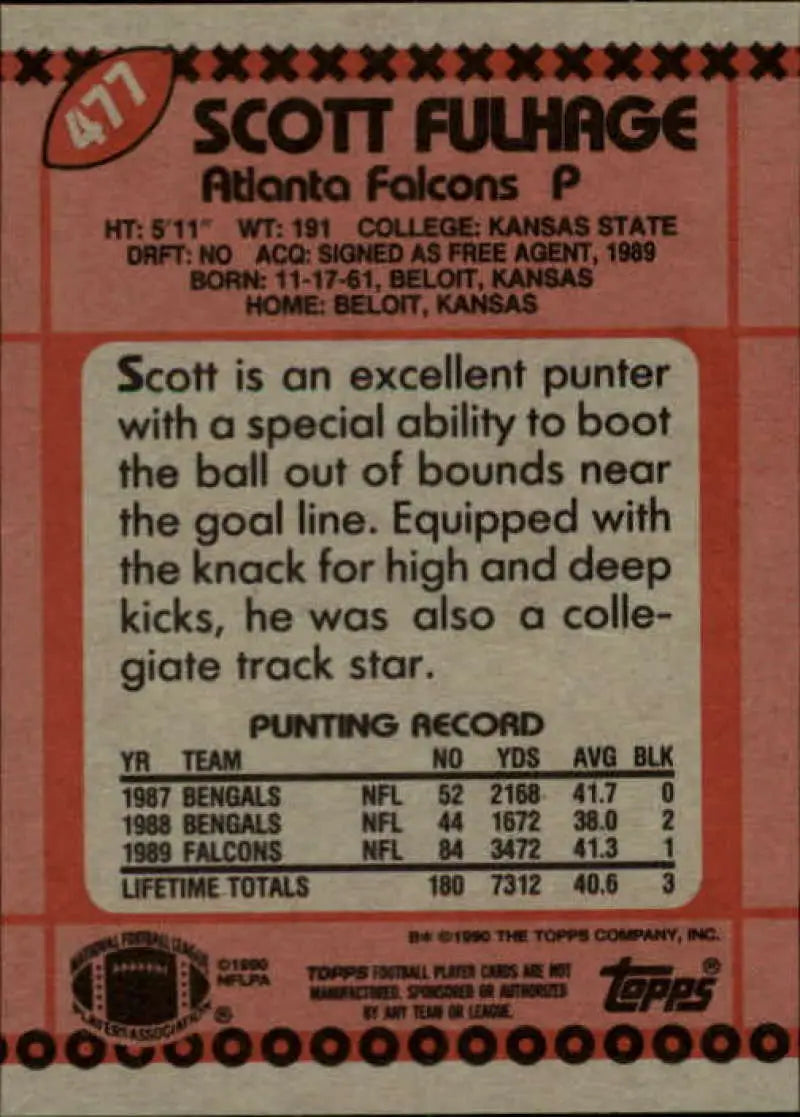 1990 Topps #477 Scott Fulhage EX Excellent Atlanta Falcons Football Card - Football Card Single