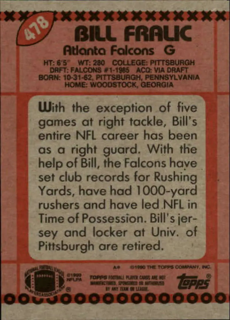 1990 Topps #478 Bill Fralic EX Excellent Atlanta Falcons Football Card - Football Card Single