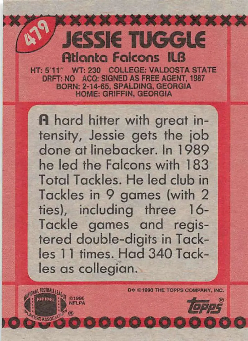 1990 Topps #479 Jessie Tuggle EX Excellent RC Rookie Atlanta Falcons Football Card - Football Card Single