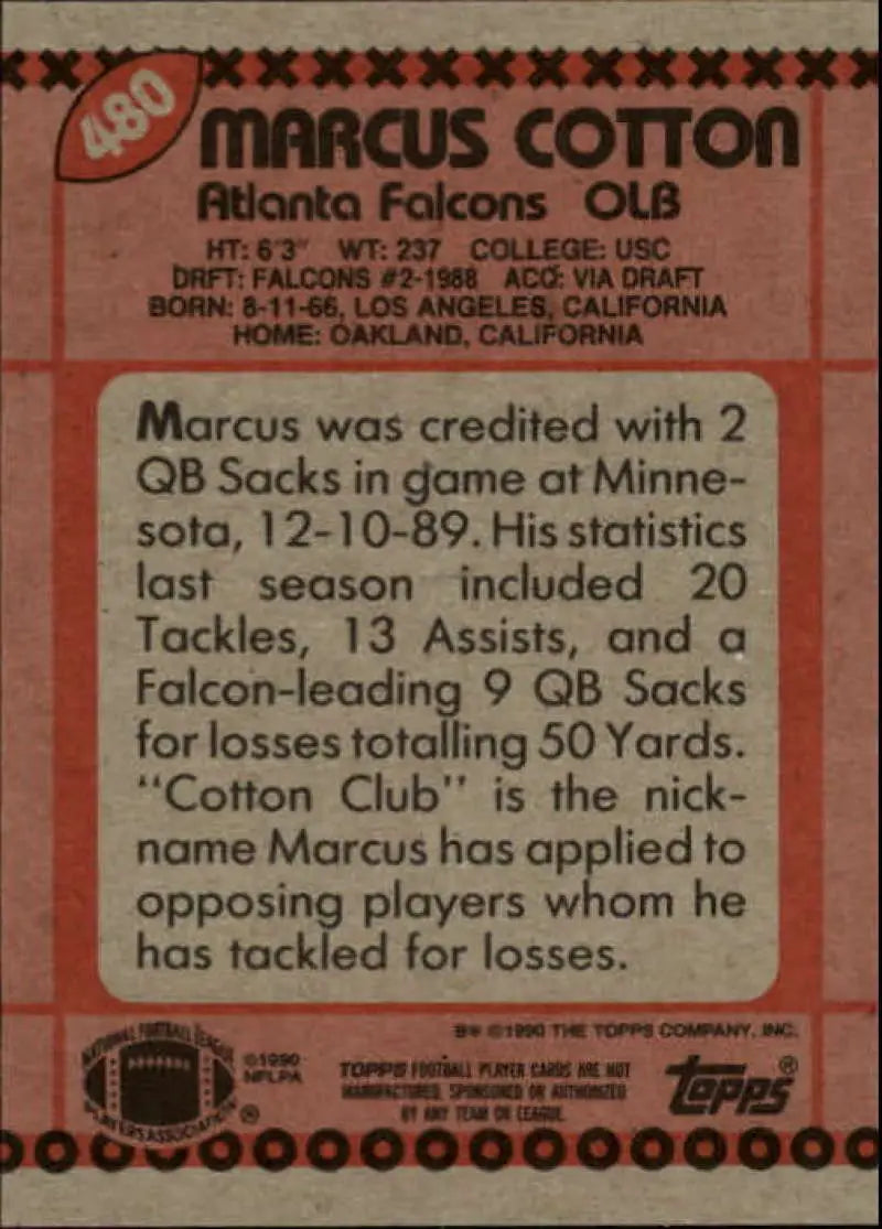 1990 Topps #480 Marcus Cotton EX Excellent Atlanta Falcons Football Card - Football Card Single