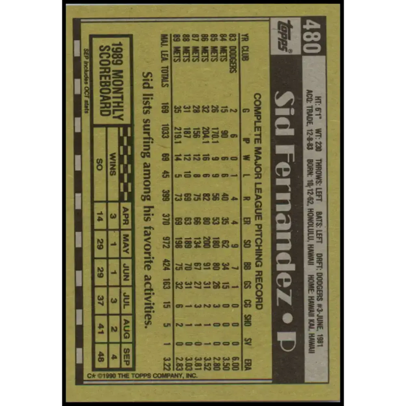 1990 Topps #480 Sid Fernandez NM-MT New York Mets Baseball Card - Baseball Card Single