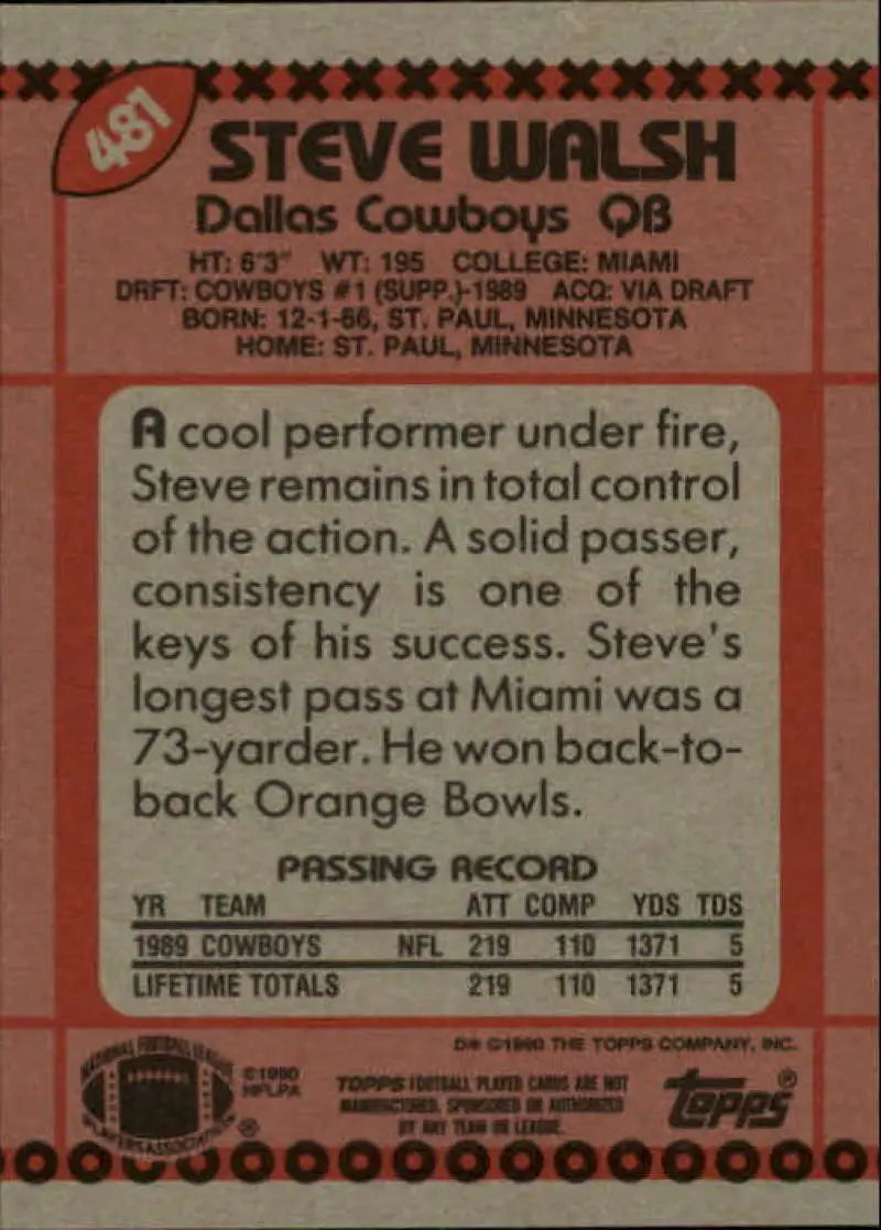1990 Topps #481 Steve Walsh EX Excellent Dallas Cowboys Football Card - Football Card Single
