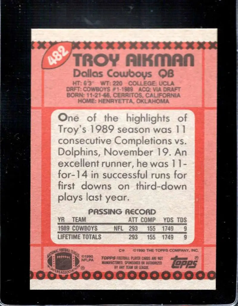 1990 Topps #482 Troy Aikman EX Excellent RC Rookie Dallas Cowboys Football Card