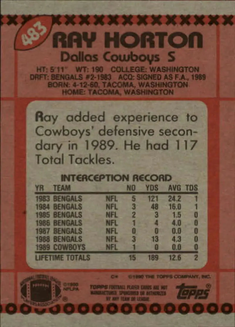 1990 Topps #483 Ray Horton EX Excellent Dallas Cowboys Football Card - Football Card Single