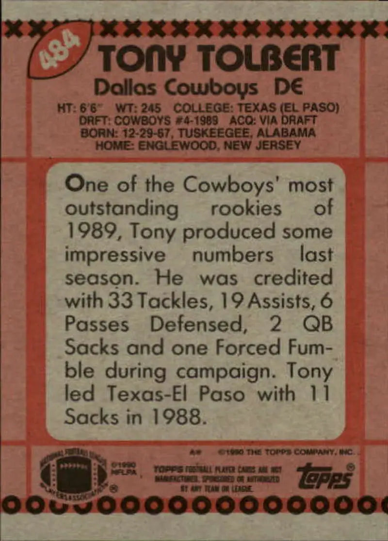 1990 Topps #484 Tony Tolbert EX Excellent RC Rookie Dallas Cowboys Football Card - Football Card Single