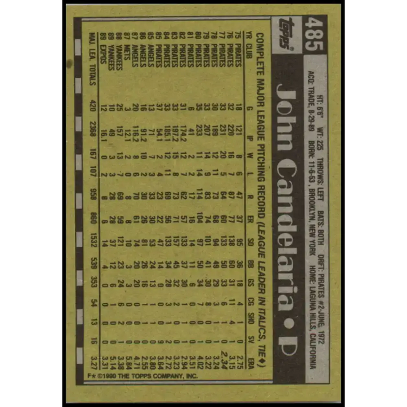 1990 Topps #485 John Candelaria NM-MT Montreal Expos Baseball Card - Baseball Card Single