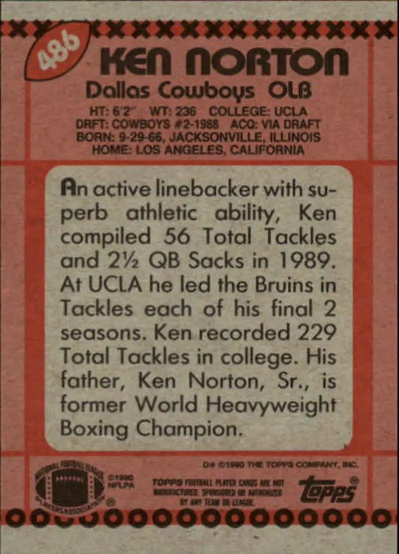 1990 Topps #486 Ken Norton EX Excellent RC Rookie Dallas Cowboys Football Card - Football Card Single
