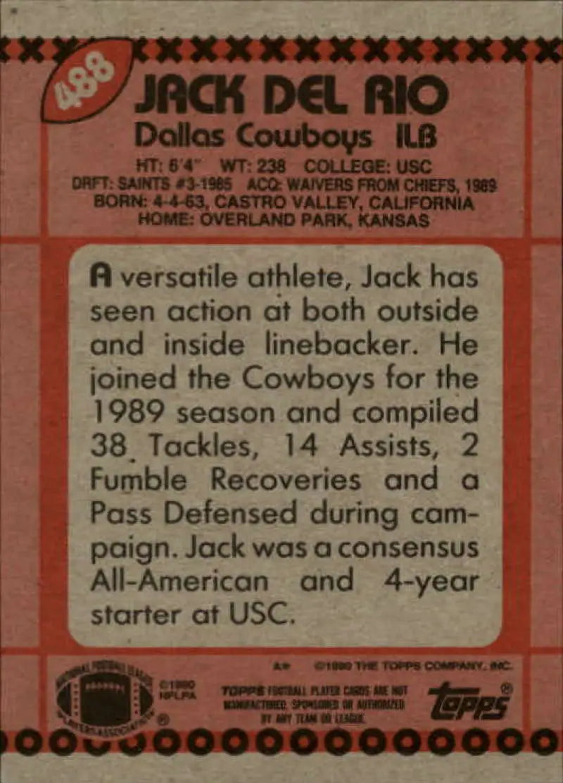 1990 Topps #488 Jack Del Rio EX Excellent Dallas Cowboys Football Card