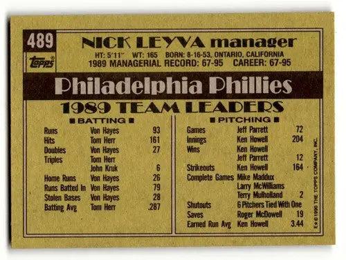 1990 Topps #489 Nick Leyva Philadelphia Phillies Baseball Cards EX/N ID:53732 - Baseball Card Single