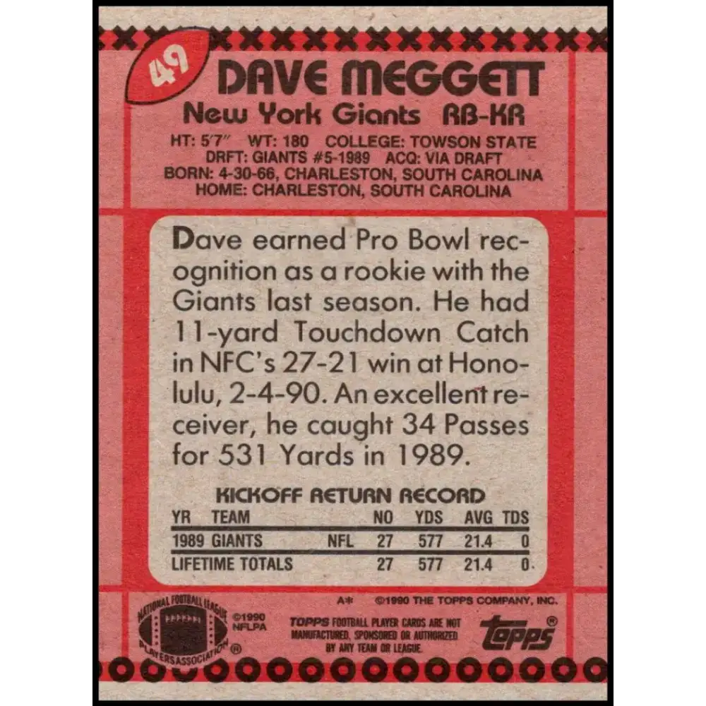 1990 Topps #49 Dave Meggett EX Excellent New York Giants Football Card - Football Card Single