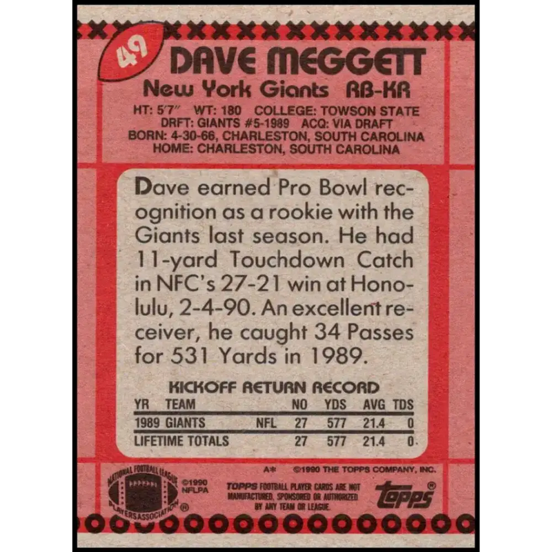 1990 Topps #49 Dave Meggett EX Excellent New York Giants Football Card - Football Card Single