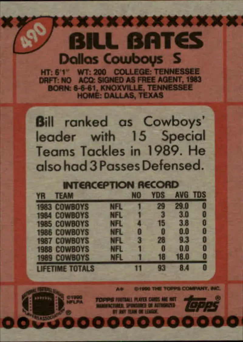 1990 Topps #490 Bill Bates EX Excellent Dallas Cowboys Football Card - Football Card Single