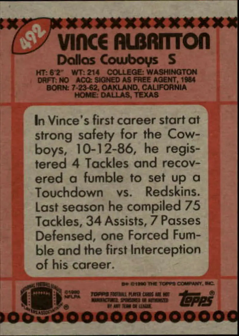 1990 Topps #492 Vince Albritton EX Excellent RC Rookie Dallas Cowboys Football Card - Football Card Single