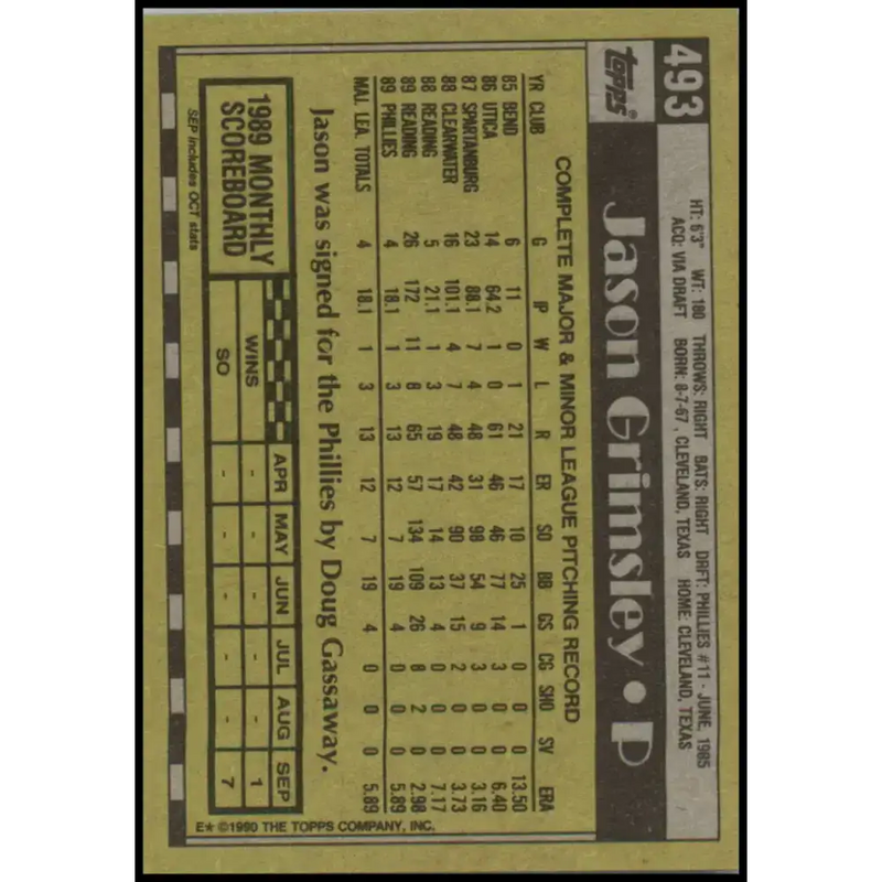 1990 Topps #493 Jason Grimsley NM-MT RC Rookie Philadelphia Phillies Baseball Card - Baseball Card Single