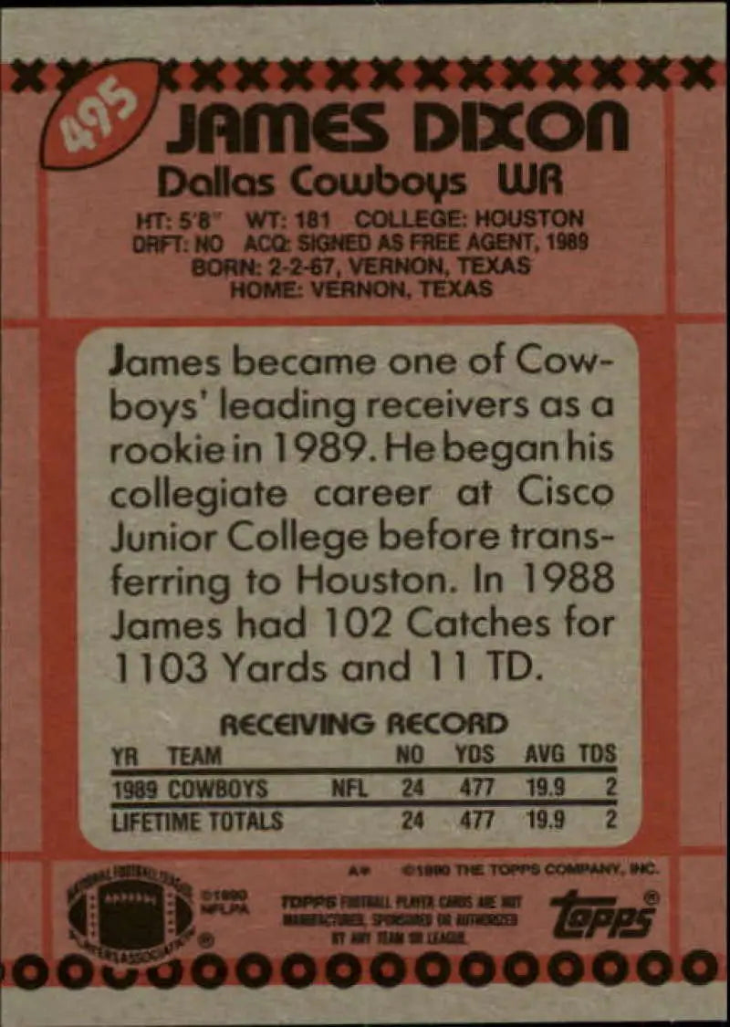 1990 Topps #495 James Dixon EX Excellent RC Rookie Dallas Cowboys Football Card - Football Card Single