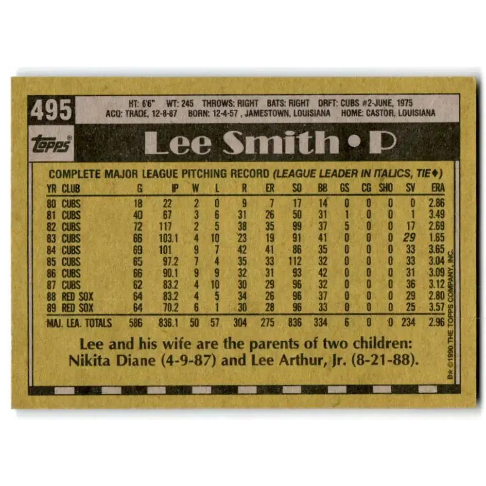 1990 Topps #495 Lee Smith NM-MT Boston Red Sox Baseball Card - Baseball Card Single