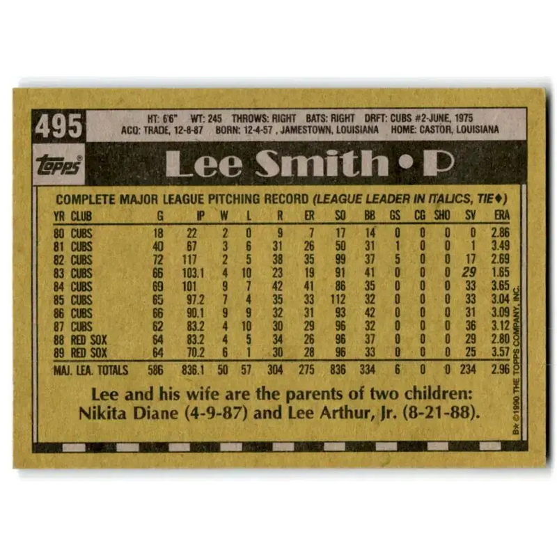 1990 Topps #495 Lee Smith NM-MT Boston Red Sox Baseball Card - Baseball Card Single
