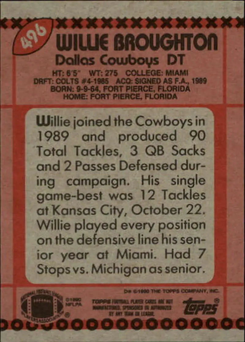1990 Topps #496 Willie Broughton EX Excellent Dallas Cowboys Football Card - Football Card Single