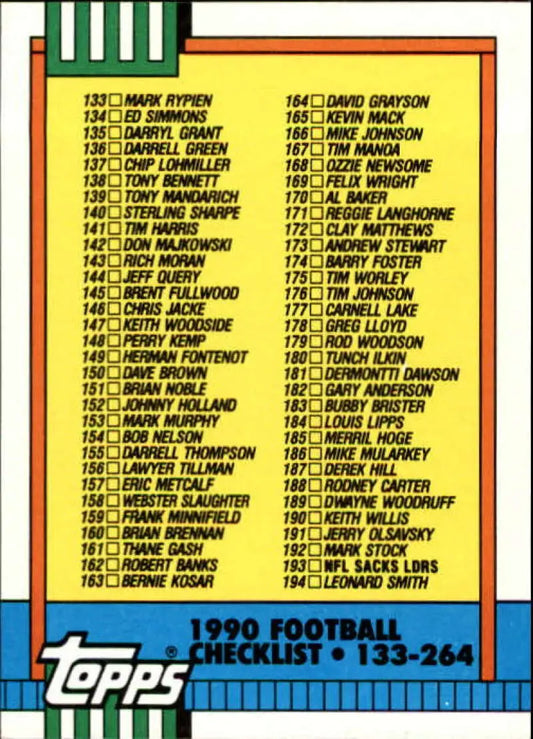 1990 Topps #498 Checklist 133-264 EX Excellent Football Card - Football Card Single