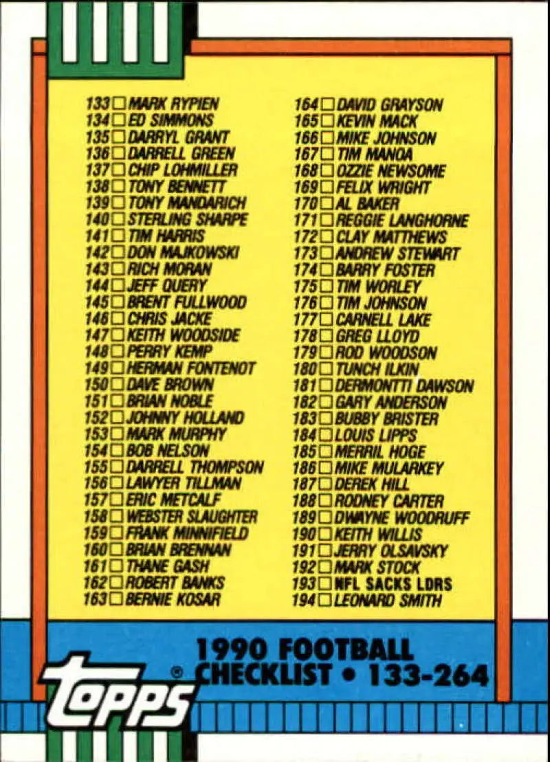 1990 Topps #498 Checklist 133-264 EX Excellent Football Card - Football Card Single