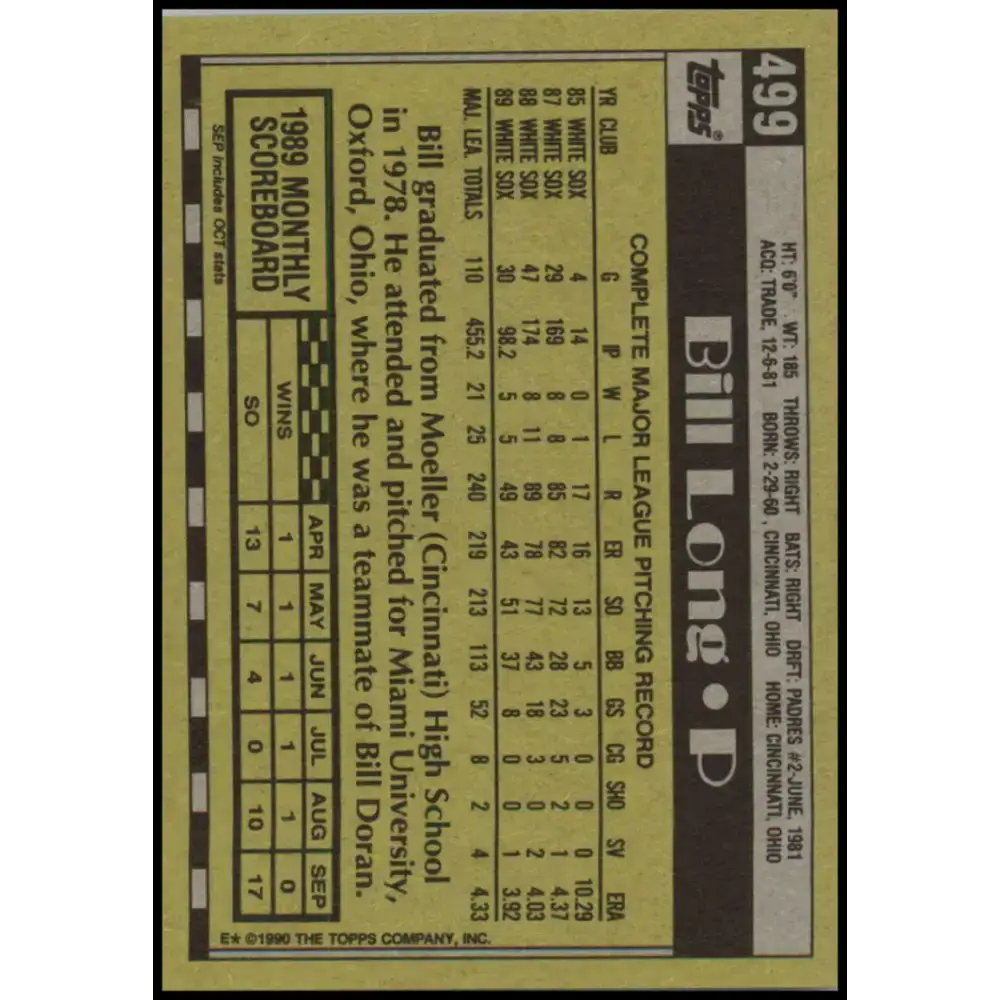 1990 Topps #499 Bill Long NM-MT Chicago White Sox Baseball Card - Baseball Card Single