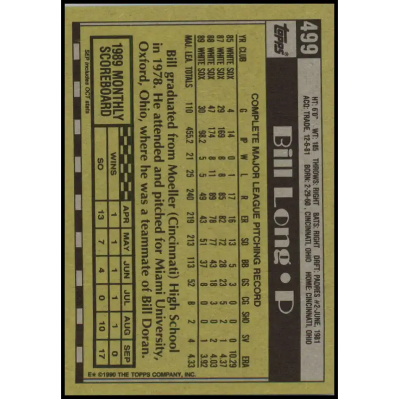1990 Topps #499 Bill Long NM-MT Chicago White Sox Baseball Card - Baseball Card Single