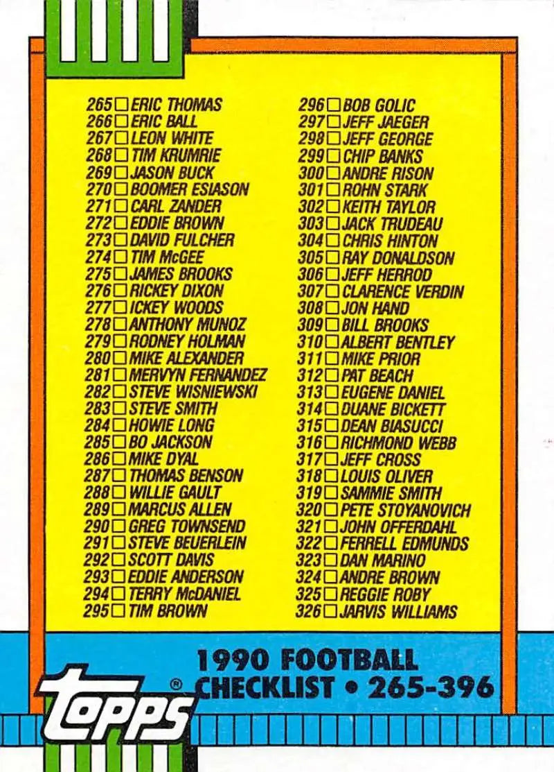 1990 Topps #499 Checklist 265-396 EX Excellent Football Card - Football Card Single