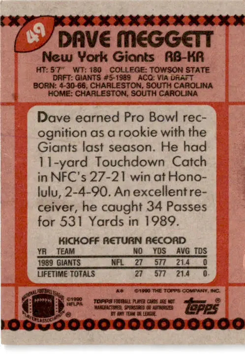 1990 Topps #49b Dave Meggett - Football Card Single
