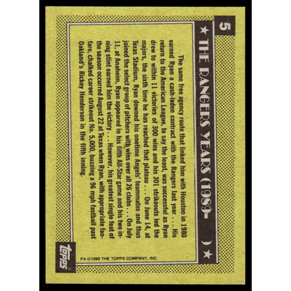 1990 Topps #5 Nolan Ryan EX/NM Texas Rangers Baseball Card