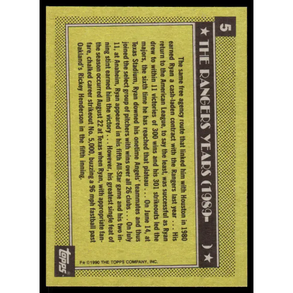 1990 Topps #5 Nolan Ryan EX/NM Texas Rangers Baseball Card