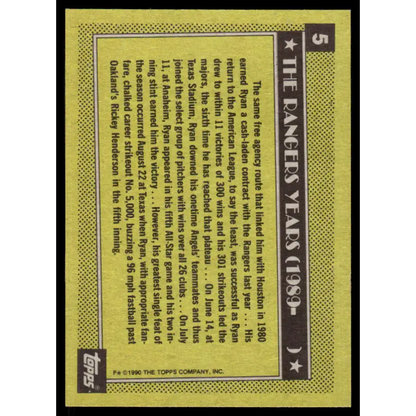 1990 Topps #5 Nolan Ryan EX/NM Texas Rangers Baseball Card