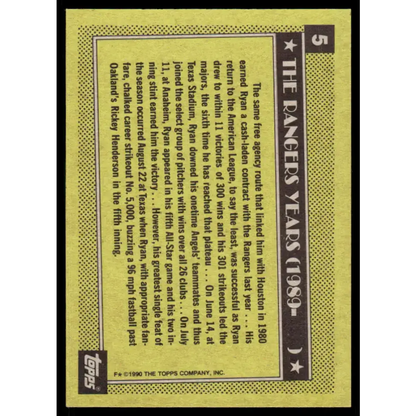 1990 Topps #5 Nolan Ryan EX/NM Texas Rangers Baseball Card