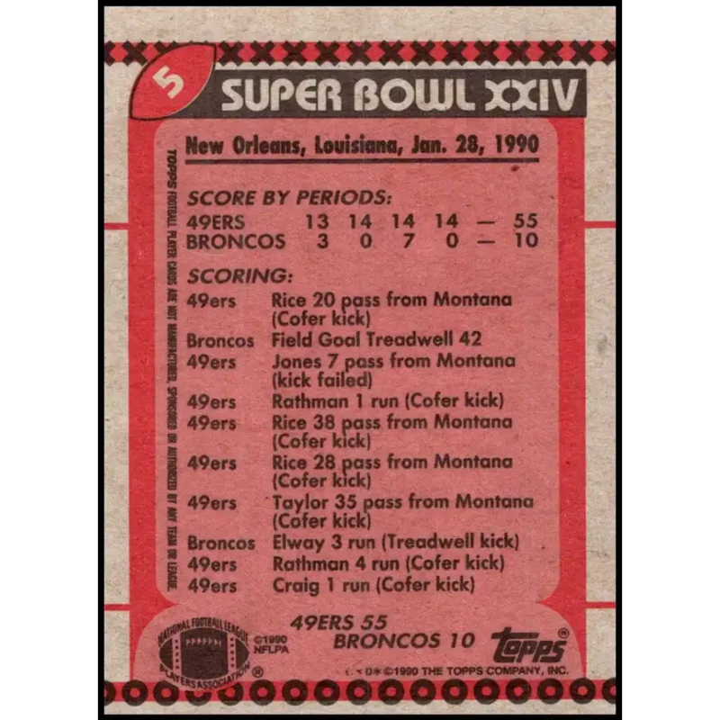1990 Topps #5 Super Bowl XXIV EX Excellent San Francisco 49ers/Denver Broncos Football Card - Football Card Single