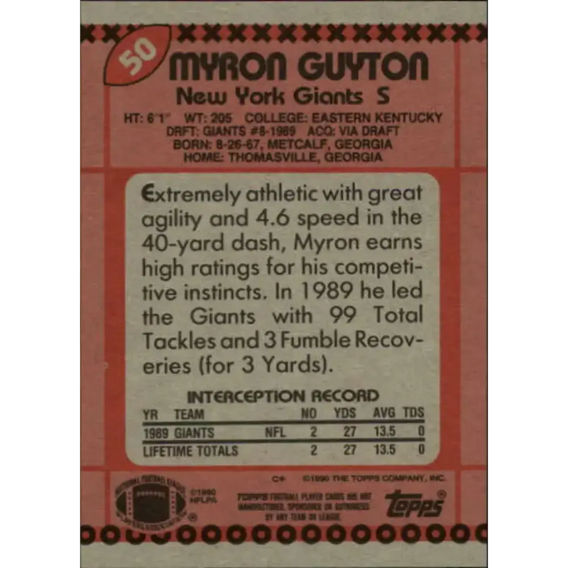 1990 Topps #50 Myron Guyton EX Excellent RC Rookie New York Giants Football Card - Football Card Single