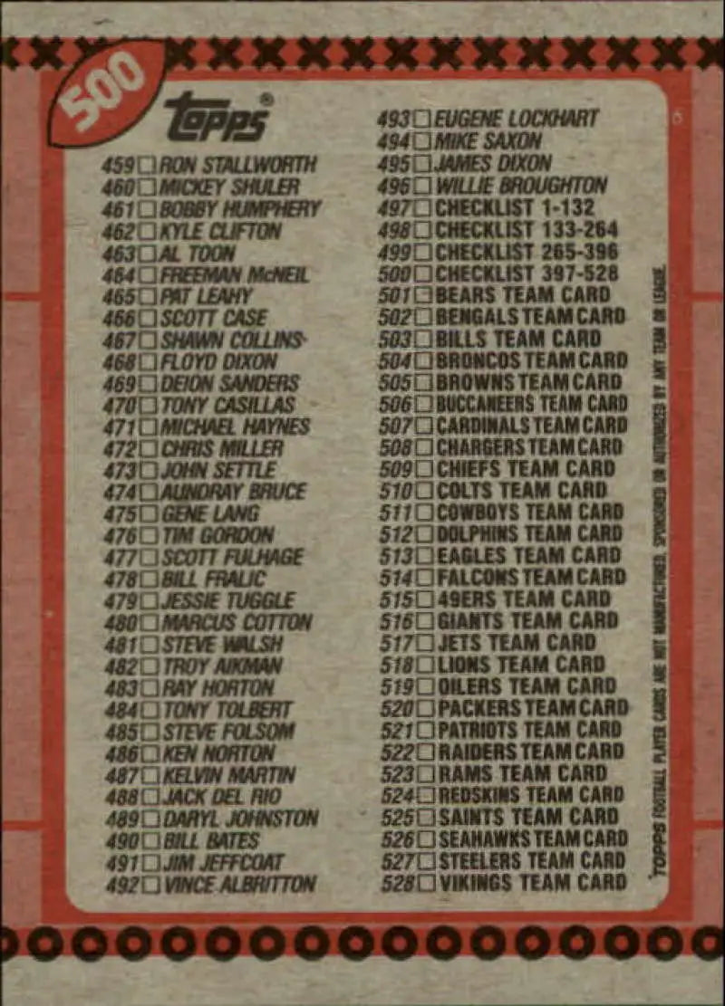 1990 Topps #500 Checklist 397-528 EX Excellent Football Card - Football Card Single