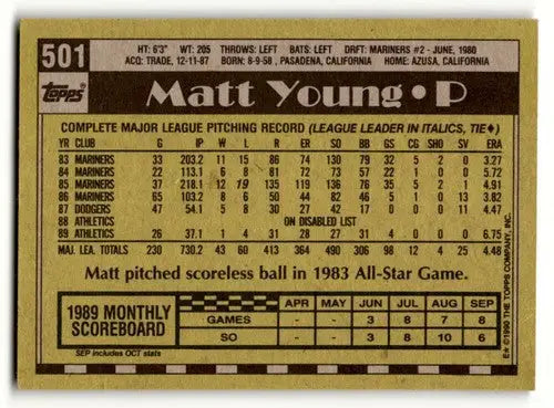 1990 Topps #501 Matt Young Oakland Athletics Baseball Cards EX/NM ID:55656 - Baseball Card Single