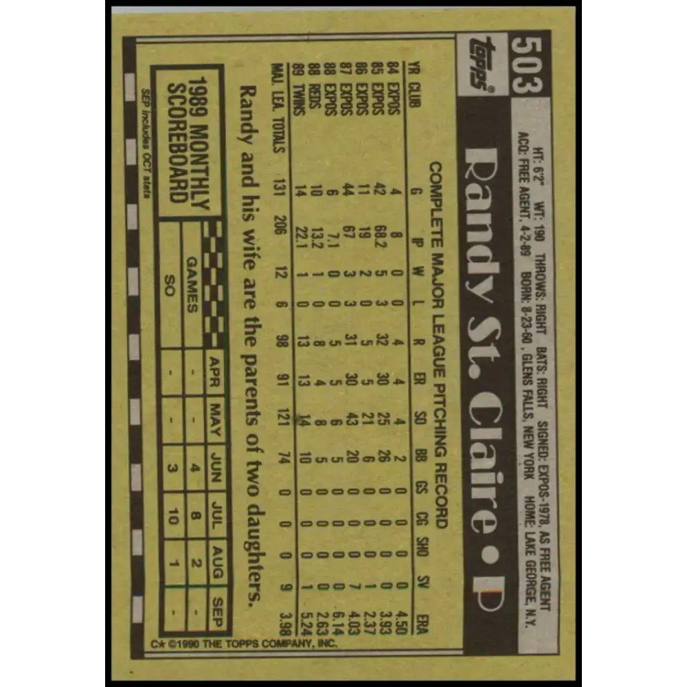 1990 Topps #503 Randy St. Claire NM-MT Minnesota Twins Baseball Card - Baseball Card Single