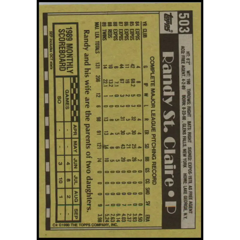 1990 Topps #503 Randy St. Claire NM-MT Minnesota Twins Baseball Card - Baseball Card Single