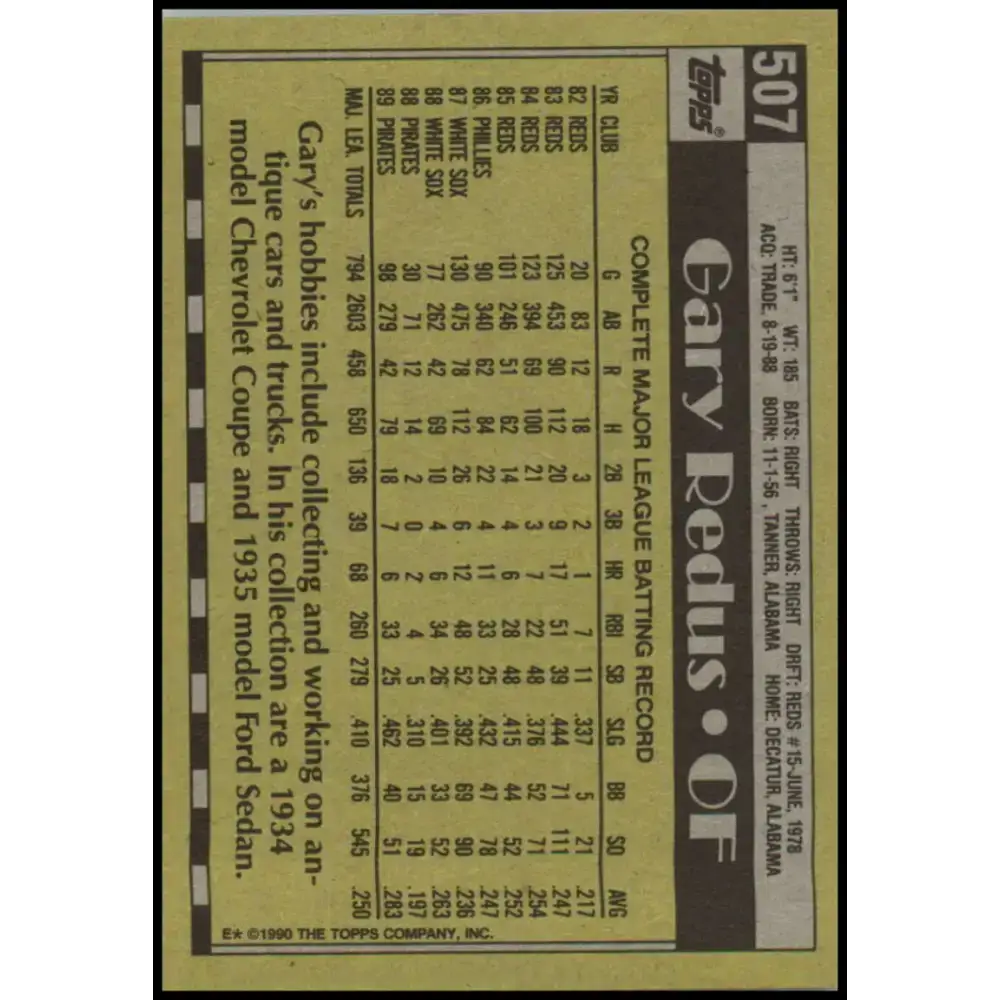 1990 Topps #507 Gary Redus NM-MT Pittsburgh Pirates Baseball Card - Baseball Card Single