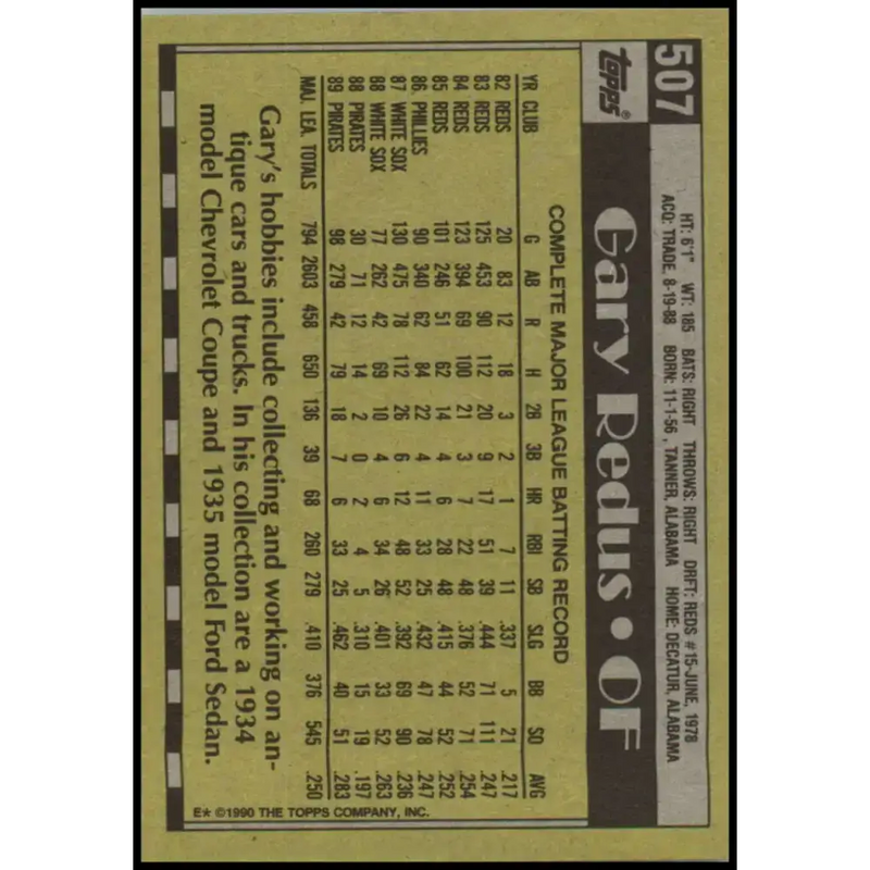 1990 Topps #507 Gary Redus NM-MT Pittsburgh Pirates Baseball Card - Baseball Card Single