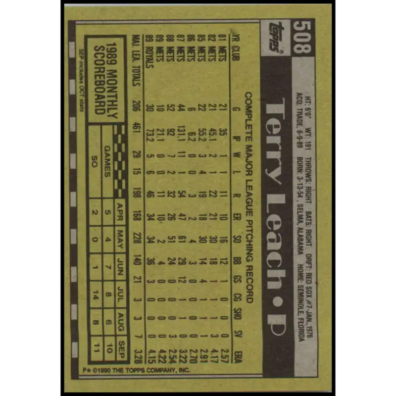 1990 Topps #508 Terry Leach NM-MT Kansas City Royals Baseball Card - Baseball Card Single