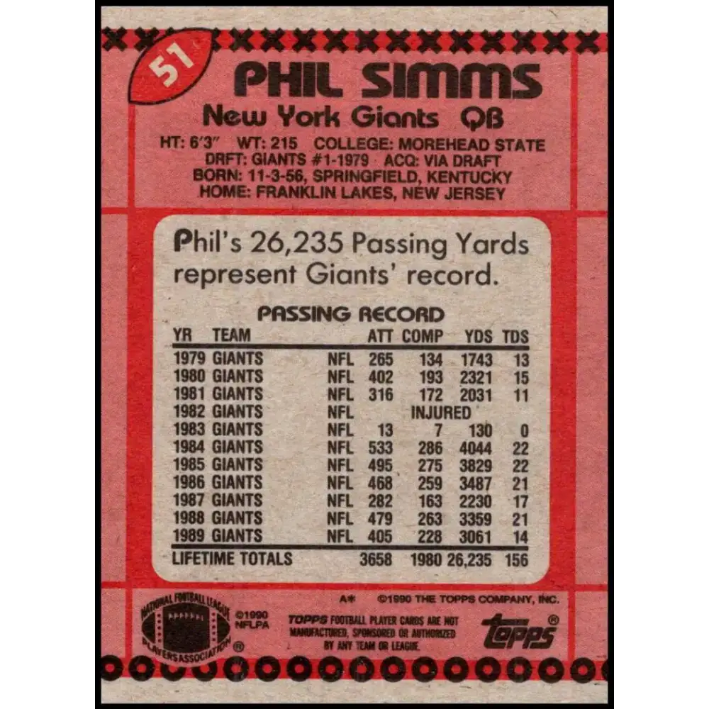 1990 Topps #51 Phil Simms EX Excellent New York Giants Football Card - Football Card Single