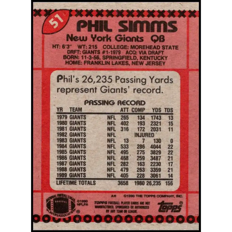 1990 Topps #51 Phil Simms EX Excellent New York Giants Football Card - Football Card Single