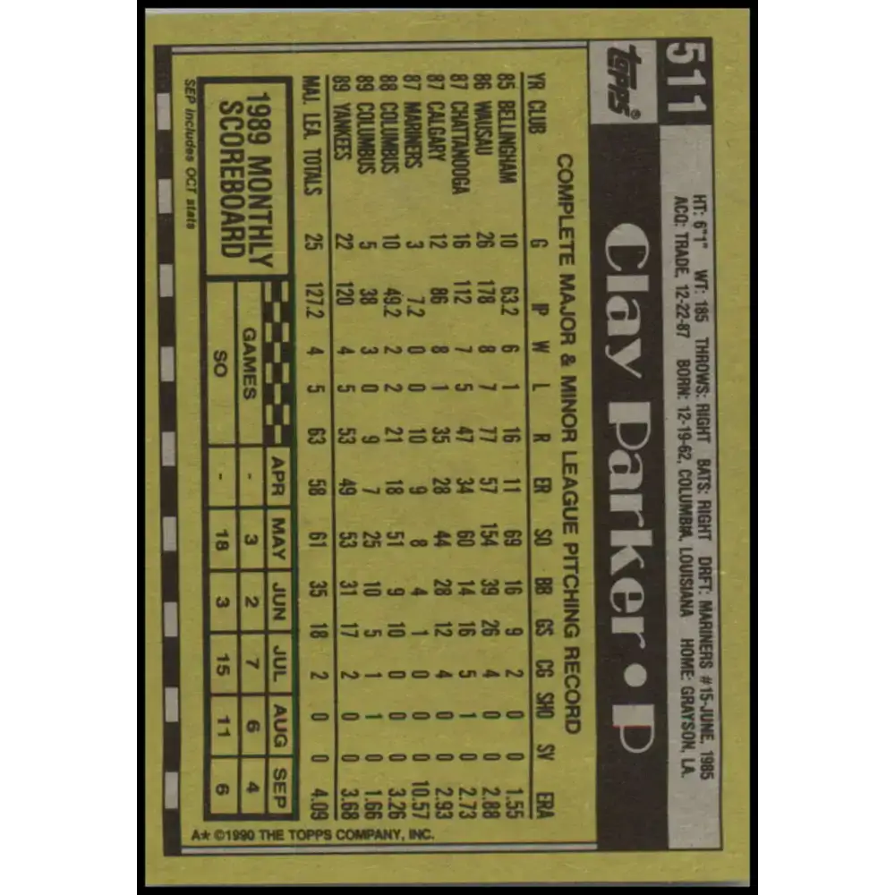 1990 Topps #511 Clay Parker NM-MT New York Yankees Baseball Card - Baseball Card Single